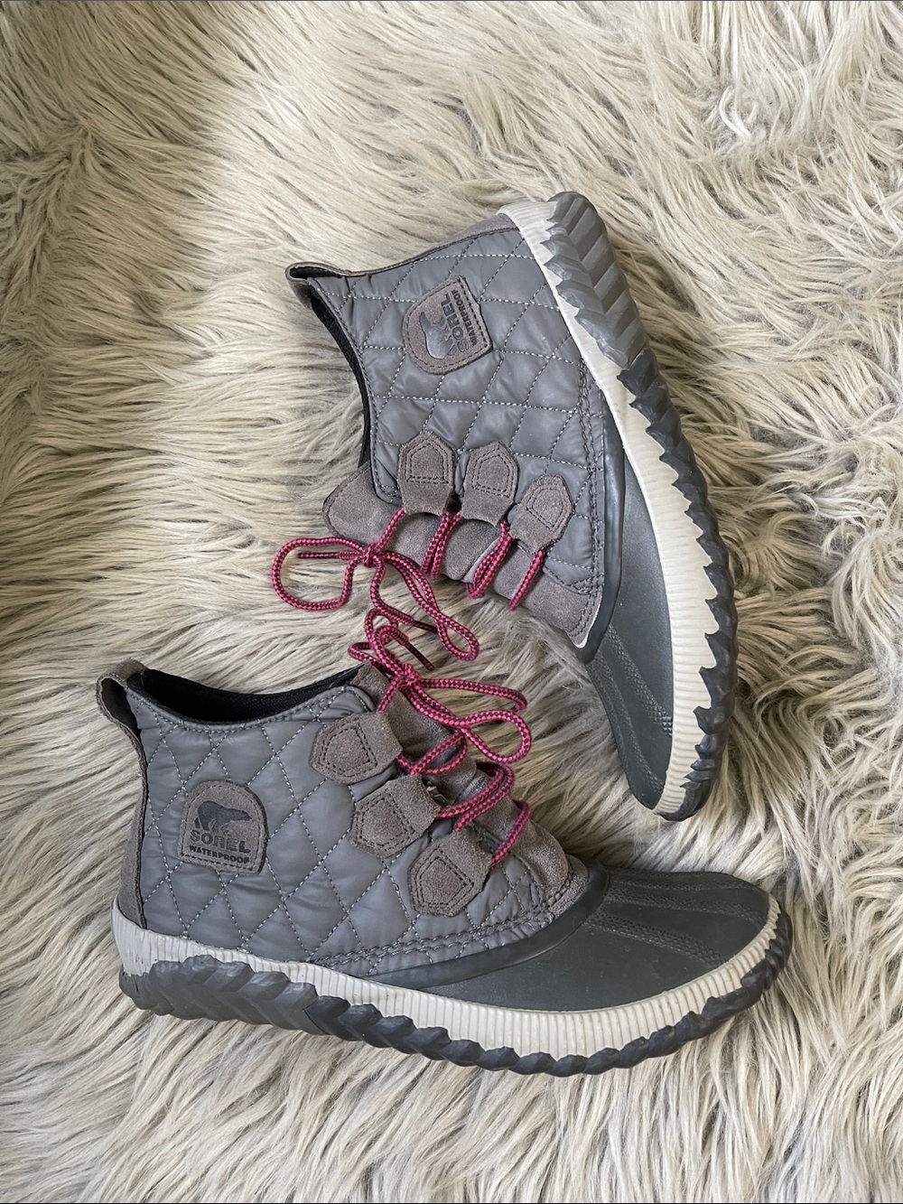 Sorel Quilted Waterproof Ankle Boots - Gray with Pink Laces